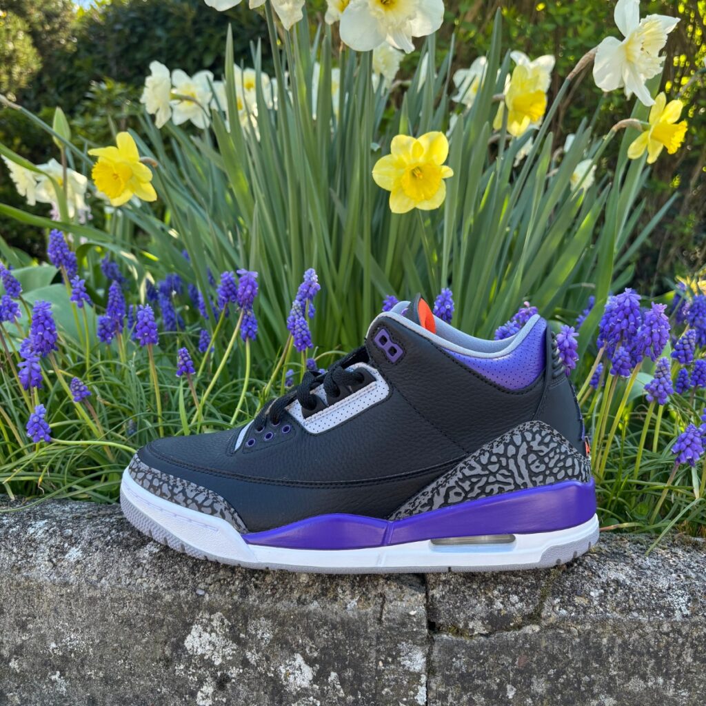 Présentation de la Jordan 3 black purple vu de face